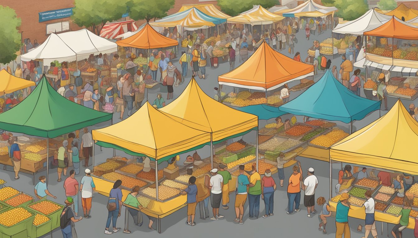 A bustling food festival in Iowa, featuring rows of vendors selling delicious sweet corn and lively music performances