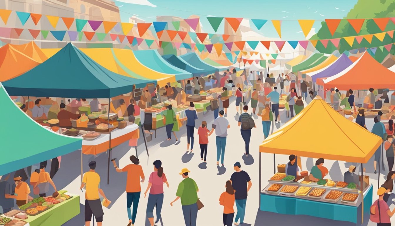 A bustling food festival with colorful tents, live music, and people enjoying a variety of delicious dishes from local vendors