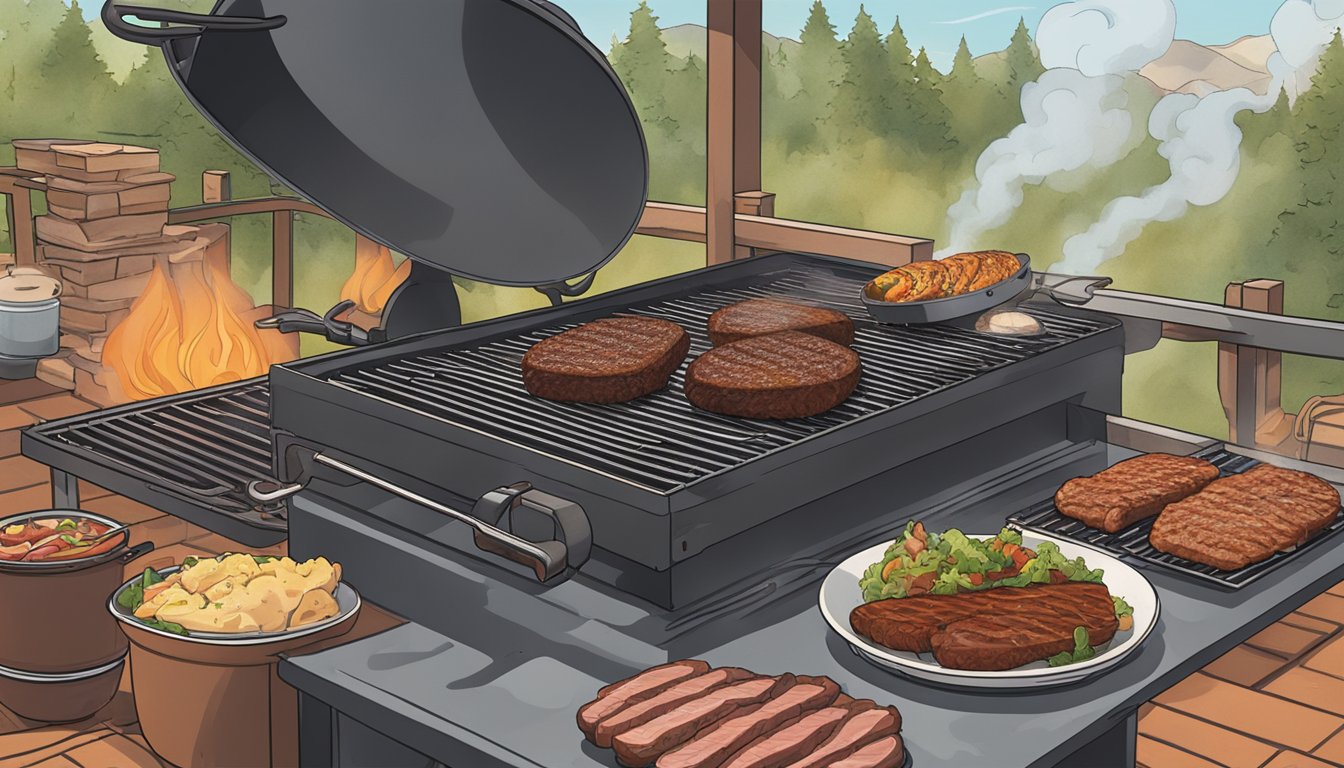 A cast iron grill sizzling with Texas BBQ-style meats, smoke rising as someone adjusts the temperature and monitors the cooking process