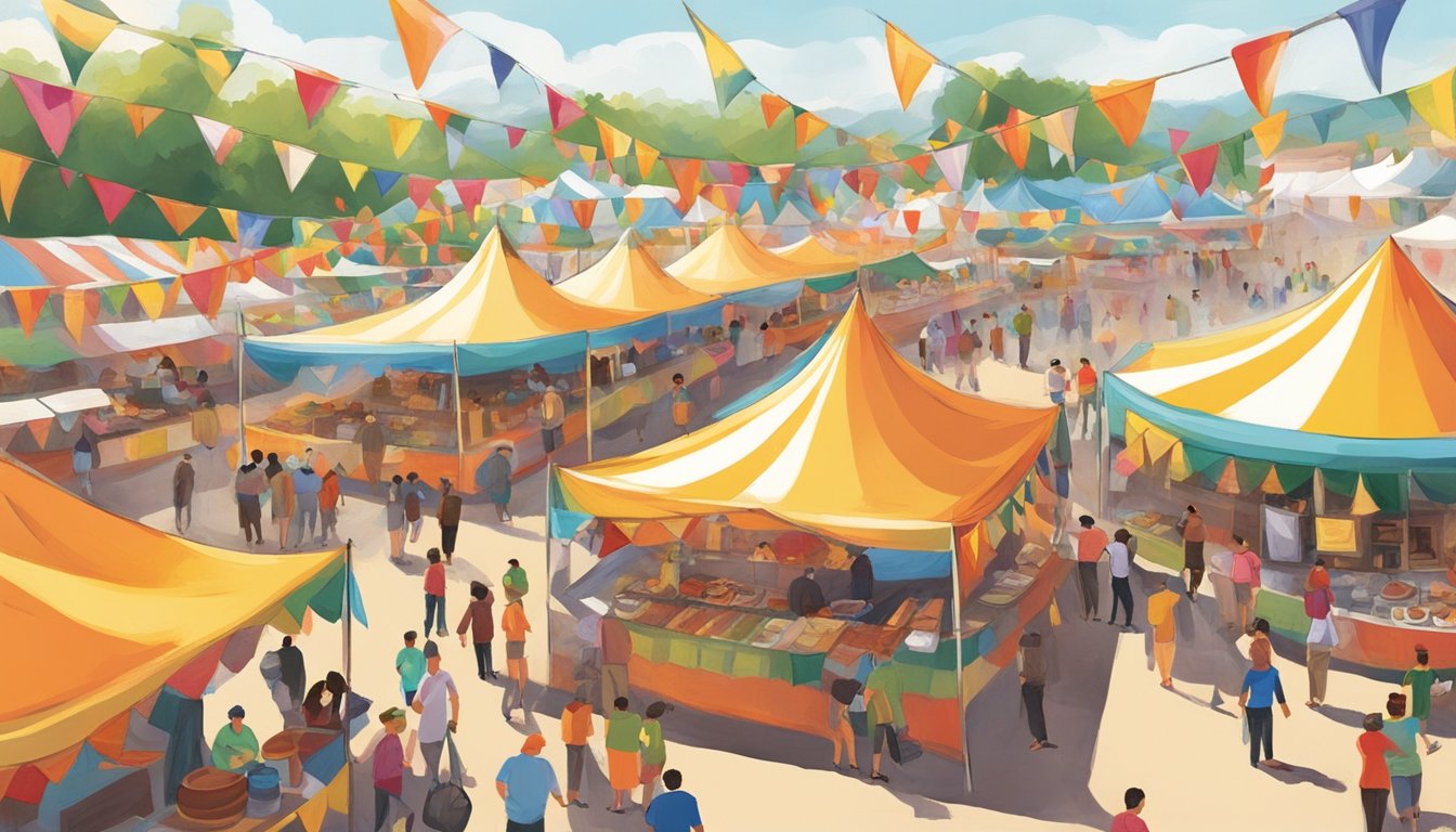 Colorful tents and flags line the festival grounds, with delicious aromas wafting through the air. Vendors sell an array of mouthwatering dishes while visitors enjoy the lively atmosphere