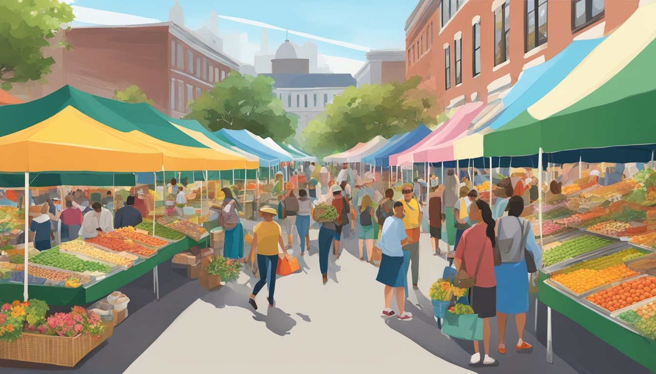 Colorful tents and food stalls fill the Wilmington Flower Market, with people sampling various cuisines and enjoying the festive atmosphere