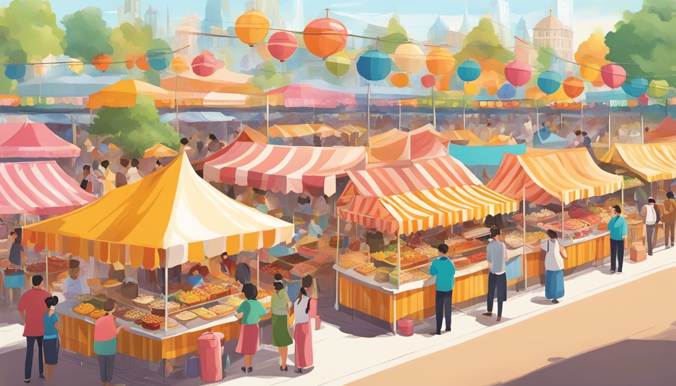 Colorful food stalls line the bustling fairgrounds, offering a variety of delicious treats. The aroma of sizzling meats and sweet treats fills the air as people wander through the lively festival