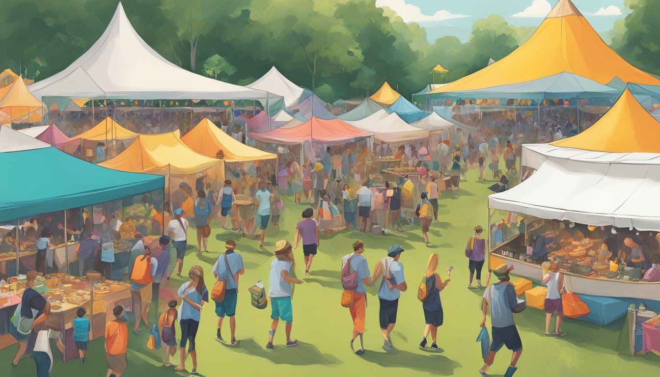 A bustling food festival at Firefly Music Festival in Delaware, with colorful tents and delicious aromas filling the air