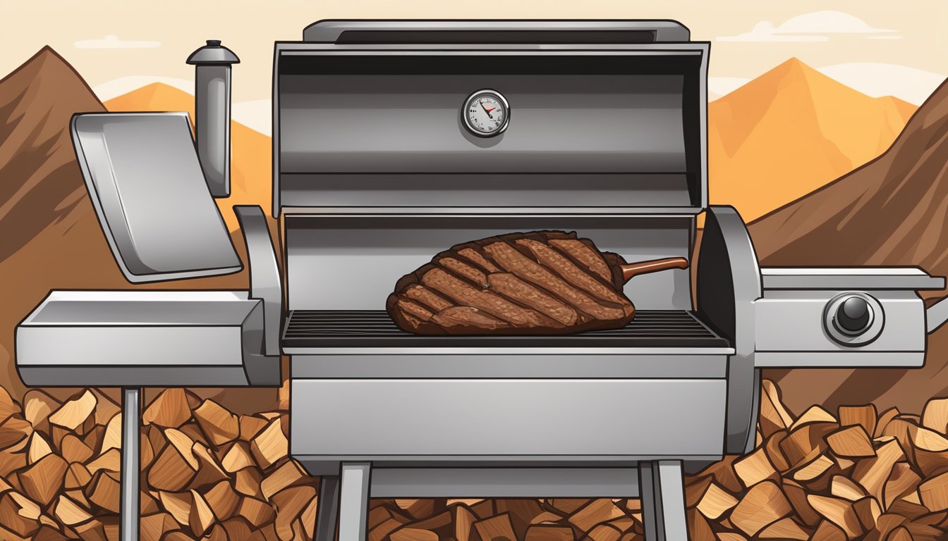 A grill with a sizzling tri-tip steak surrounded by wood chips and a temperature gauge showing the perfect heat for Texas BBQ style cooking