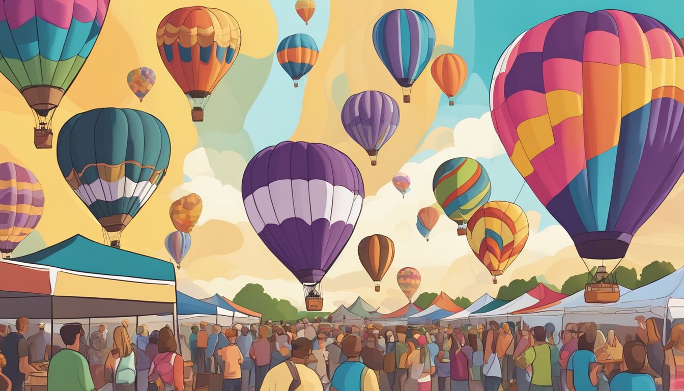 Colorful hot air balloons hover over a bustling food festival in Indianola, Iowa. The aroma of delicious cuisine fills the air as people gather to enjoy the festivities