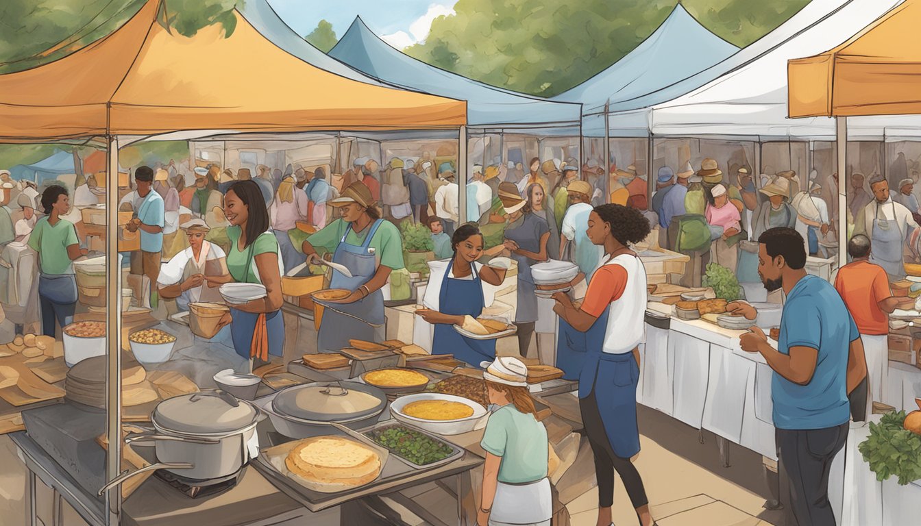 A bustling food festival in Connecticut featuring diverse cuisines, live music, and engaging cooking demonstrations