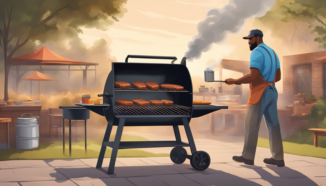 A pitmaster grills Texas BBQ style with cast iron over open flames. Smoke billows from the sizzling meat as the pitmaster tends to the grill