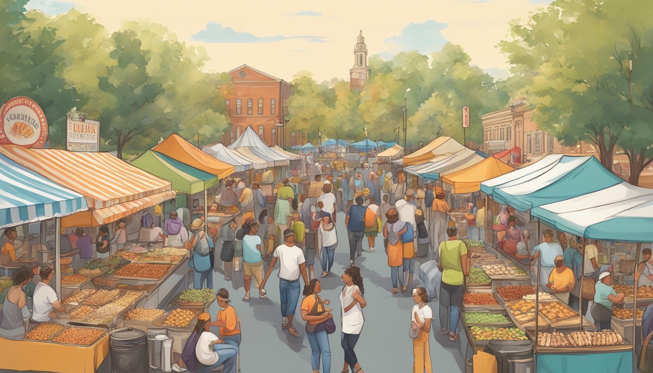 Local vendors selling diverse foods at a bustling outdoor festival in Delaware, with crowds of people enjoying live music and sampling a variety of dishes