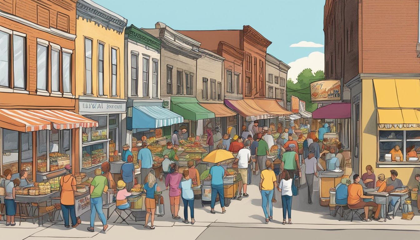 Colorful food vendors line the streets of a bustling Iowa town. Crowds gather to sample local delicacies and enjoy live music at the annual food festival