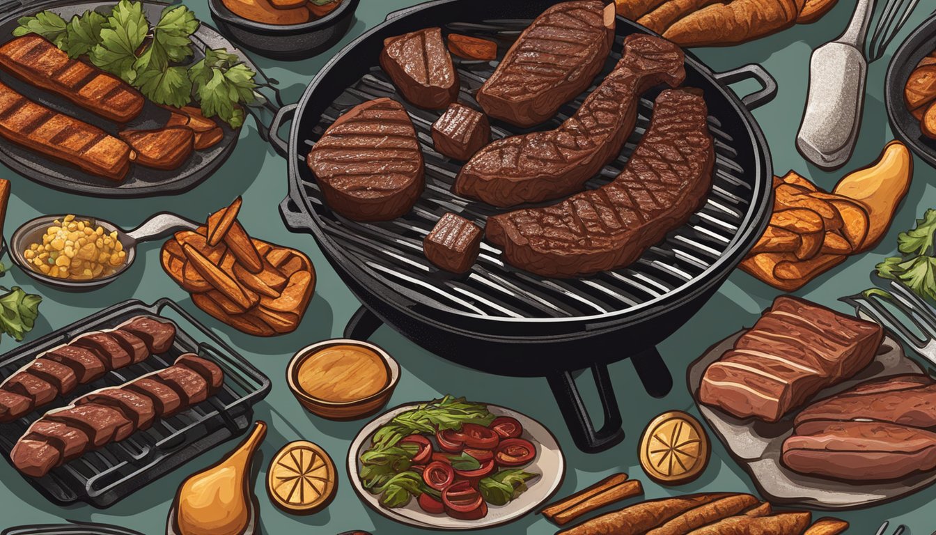 A cast iron grill sizzling with juicy Texas BBQ meats, surrounded by smoky flavor and the aroma of grilled spices