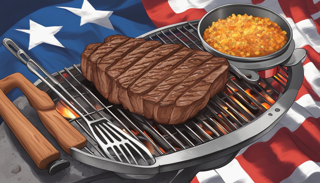 A grill with a sizzling tri tip steak over hot coals, surrounded by grilling tools and seasonings, with a Texas flag waving in the background