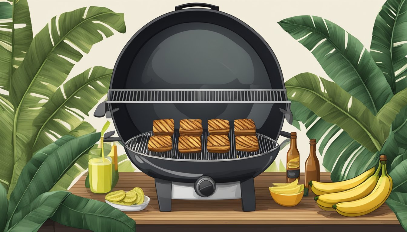 A grill with banana leaves laid out, ready for Texas BBQ style cooking