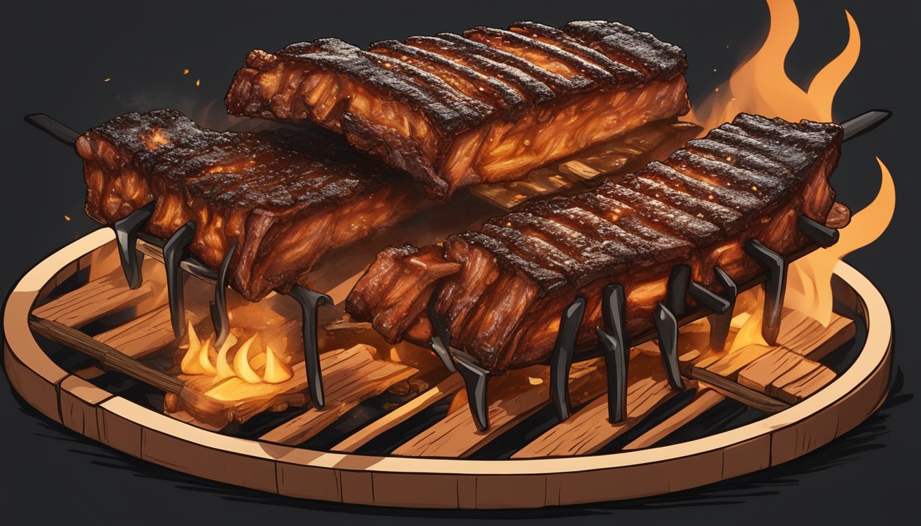 A rack of ribs sizzling on a smoking grill, basted with tangy Texas-style BBQ sauce, surrounded by charred wood chips and glowing coals