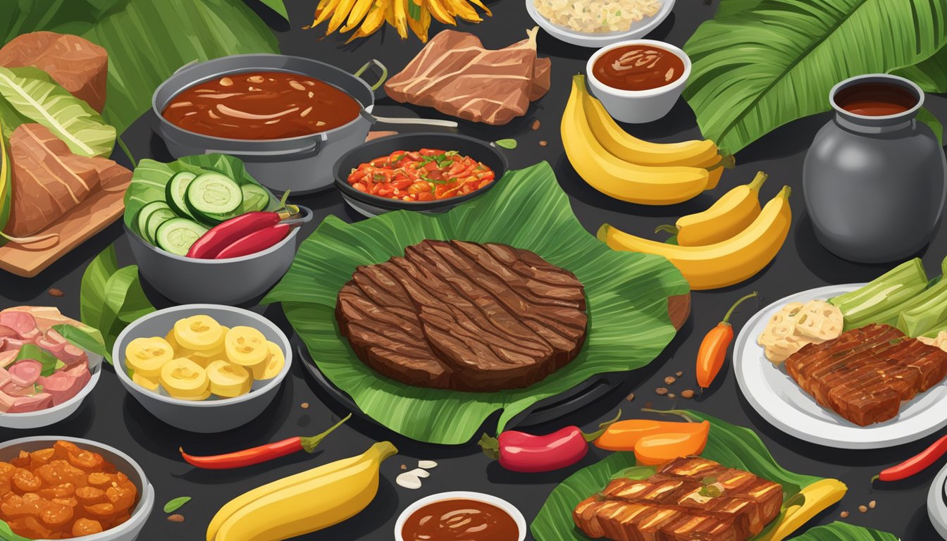 Banana leaves spread on grill, meat and vegetables sizzling, smoke rising, Texas BBQ sauce dripping, toppings arranged nearby