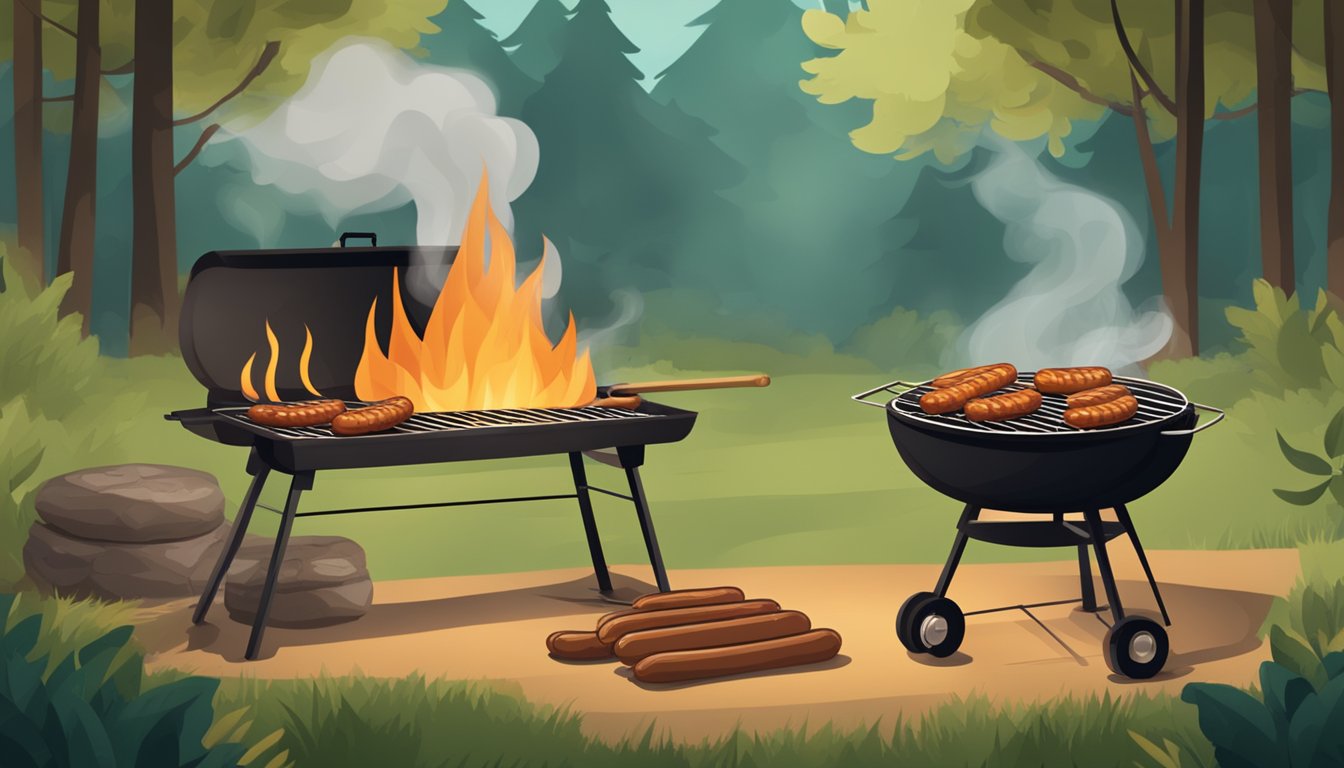 A rustic outdoor barbecue setting with a grill, smoke rising, and homemade sausages sizzling over the flames