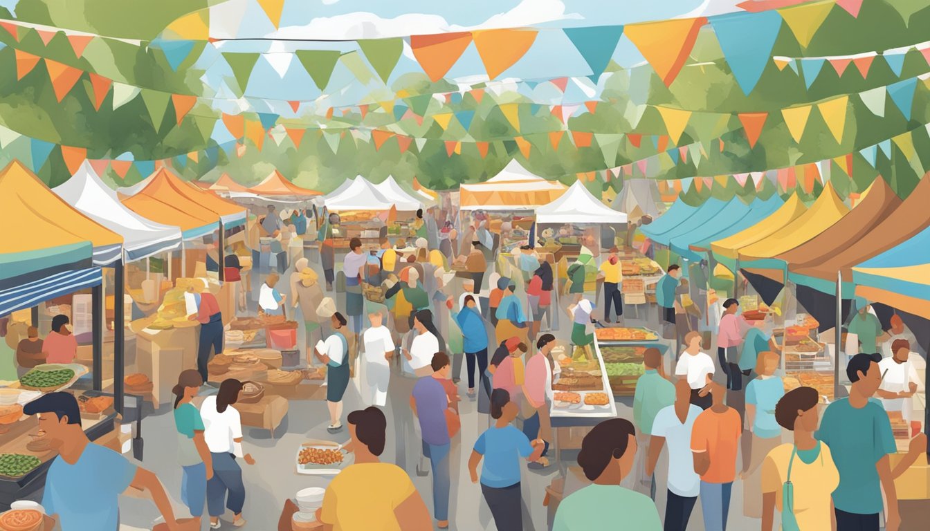 A bustling food festival in Georgia, with colorful tents, delicious aromas, and people sampling a variety of dishes from local vendors