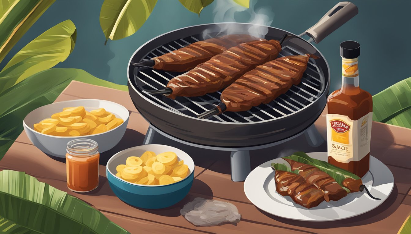 A grill with banana leaves covering the meat, smoke rising, and a Texas BBQ sauce bottle nearby