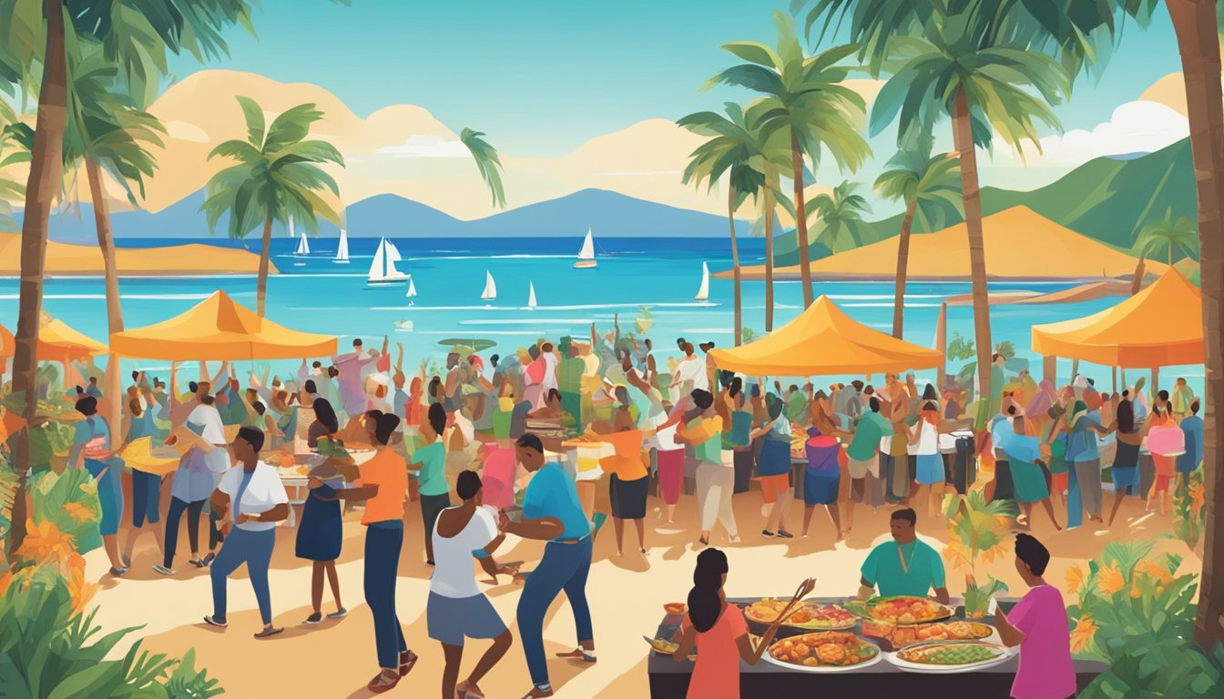 A colorful outdoor food festival in Hawaii, featuring traditional dishes, live music, and dancing. Palm trees and ocean in the background