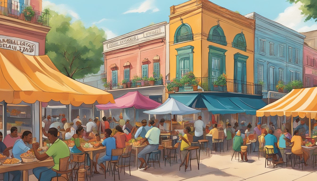 Colorful food stalls line the bustling streets, offering a variety of Cajun and Creole dishes. The air is filled with the aroma of sizzling seafood and spicy jambalaya. Cajun music sets the lively atmosphere