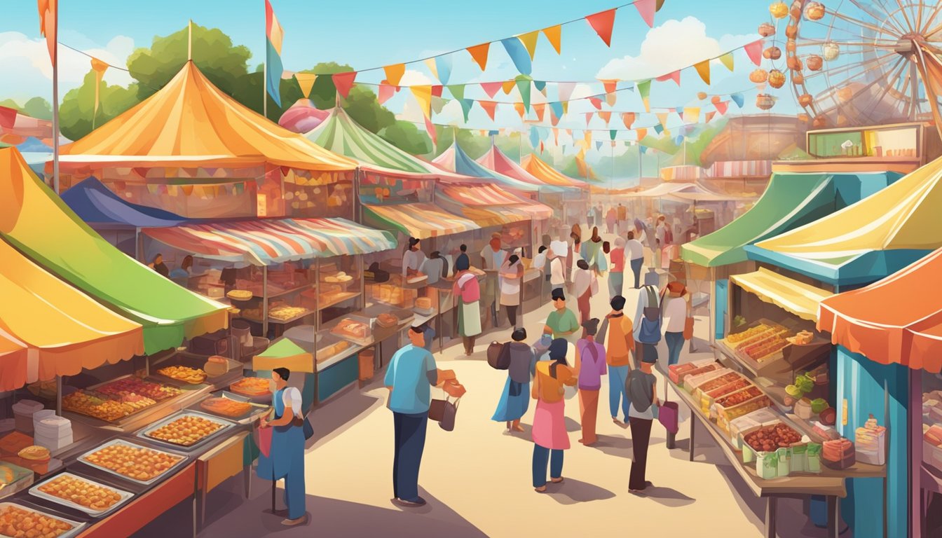 Colorful food stalls line the bustling fairgrounds, offering a variety of mouthwatering treats. The aroma of sizzling meats and sweet confections fills the air