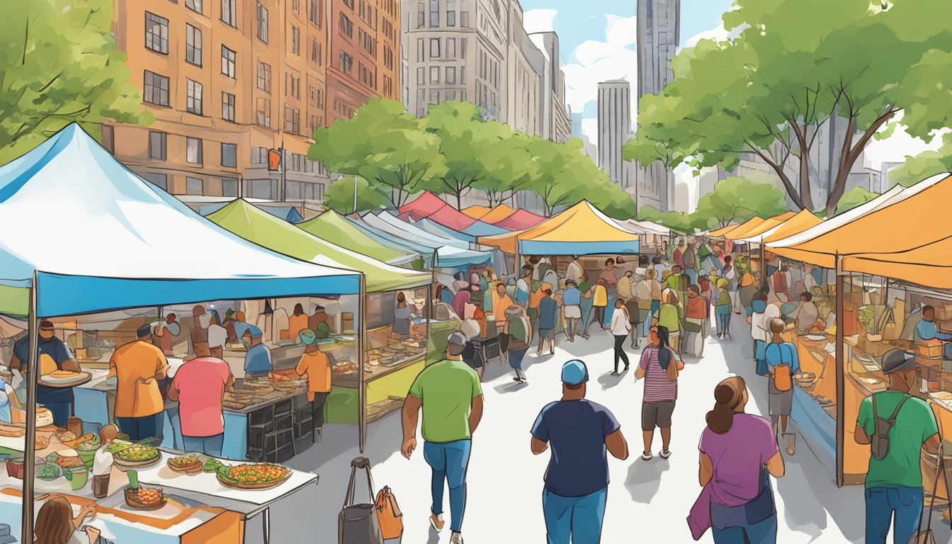 A bustling outdoor food festival in downtown Chicago, with colorful tents, live music, and people sampling gourmet dishes from local Illinois vendors