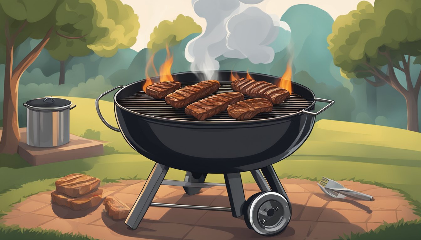 A backyard grill with a rack of ribs sizzling over hot coals, smoke billowing up as the meat cooks to perfection