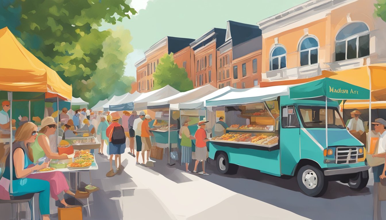 Colorful food vendors line the bustling streets of the Madison Chautauqua Festival of Art, offering a wide array of delicious treats and local cuisine