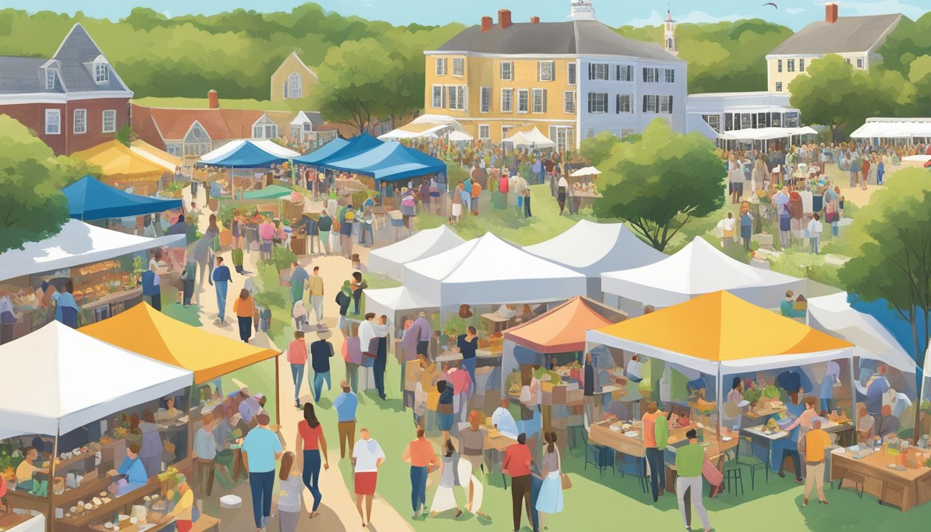 A bustling outdoor food and wine festival in Nantucket, Massachusetts, with colorful tents, tasting tables, and happy attendees enjoying gourmet cuisine and fine wines