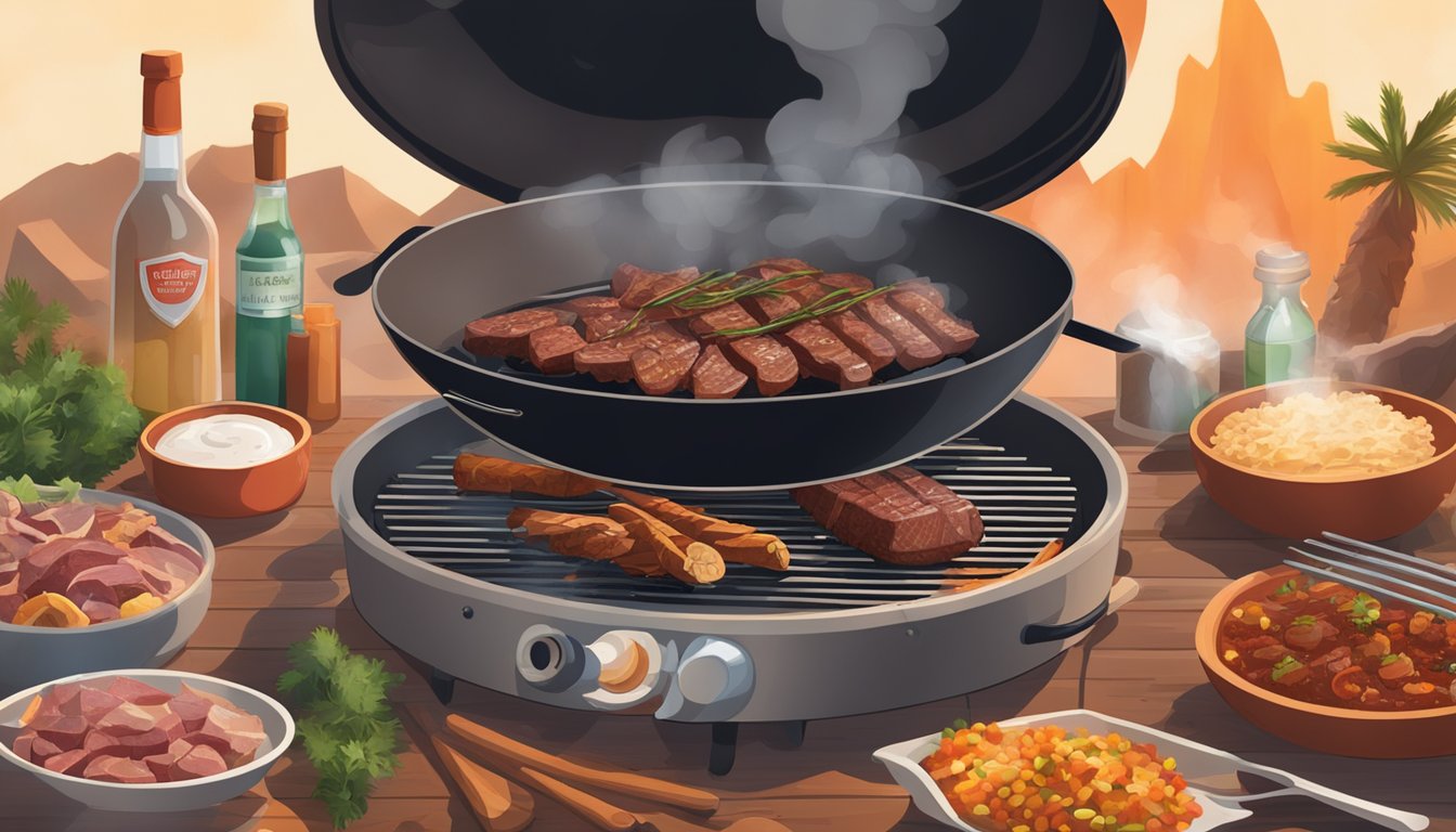 A grill sizzling with exotic meats, surrounded by Texas BBQ essentials - spices, sauces, and utensils. Smoke rises in the background