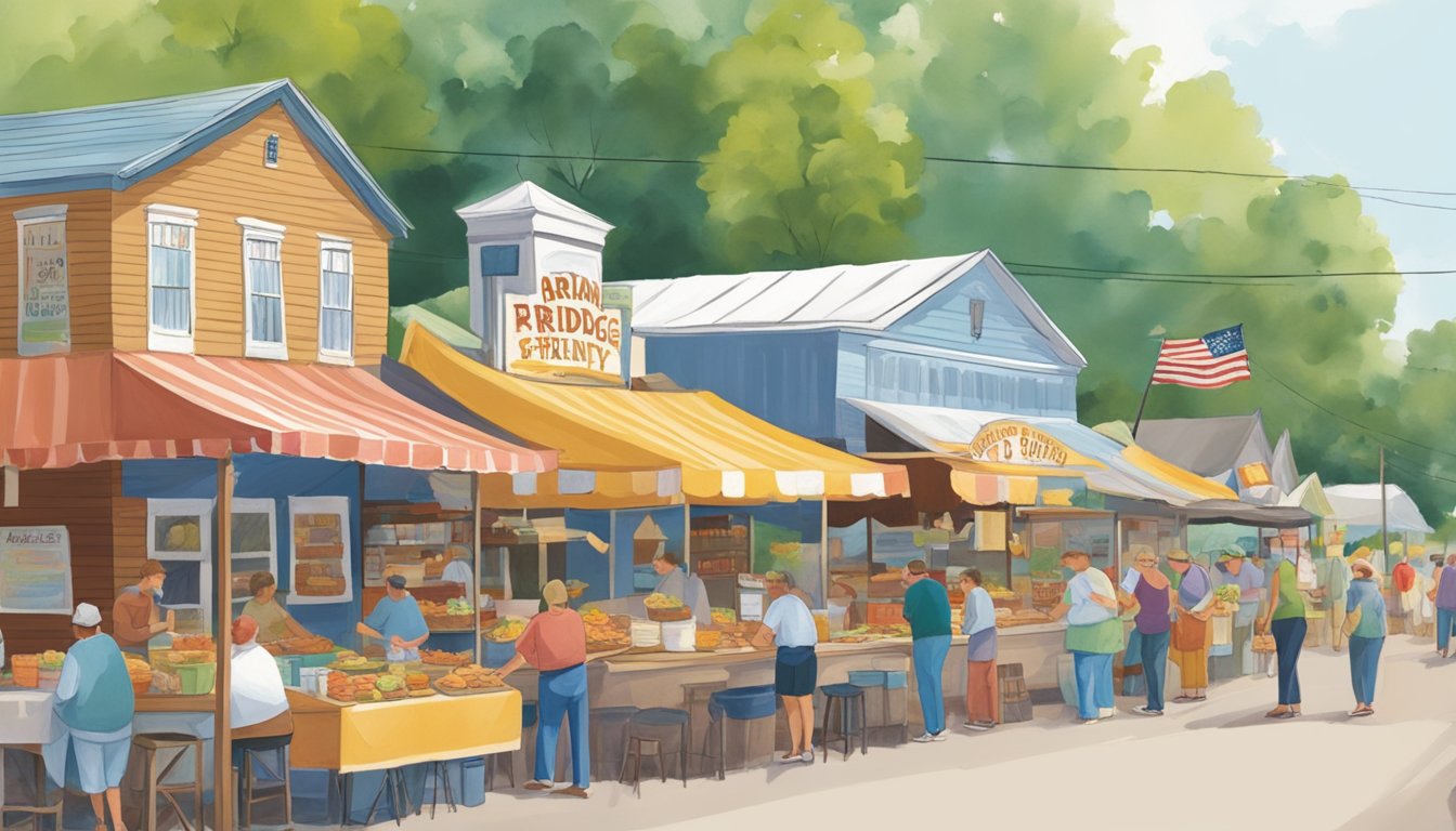 Colorful food stalls line the streets of Parke County, Indiana, during the Covered Bridge Festival. Aromas of fried treats and savory dishes fill the air as visitors sample the best of Indiana's culinary delights