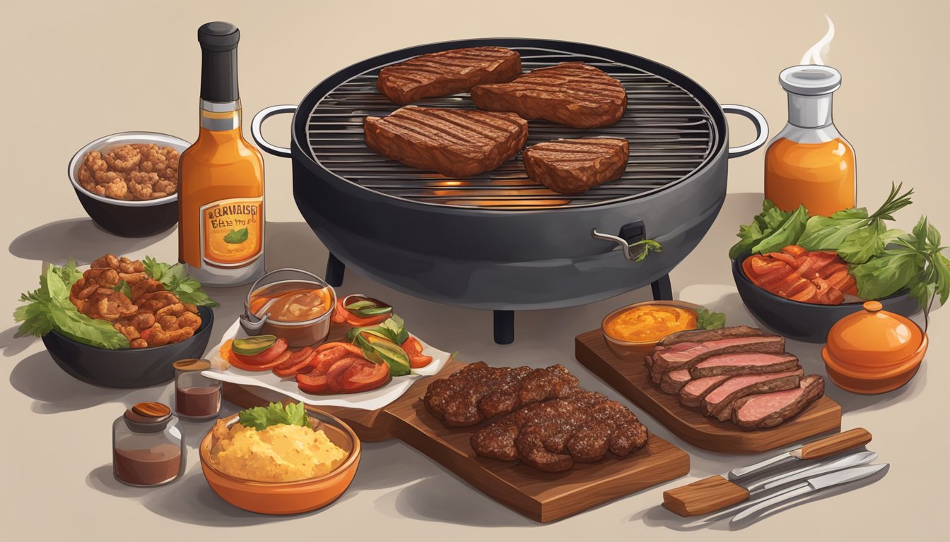 A grill sizzling with various exotic meats, smoke rising, surrounded by Texas BBQ style seasonings and sauces