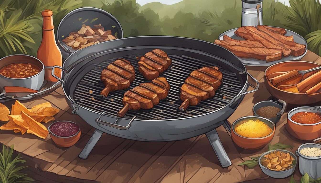 A rustic outdoor grill sizzling with exotic meats, surrounded by Texas BBQ flavorings like smoky spices, tangy sauces, and charred wood chips