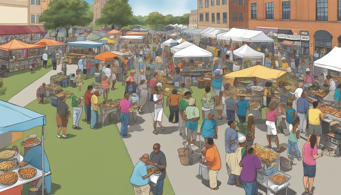 Crowds gather at Elkhart Jazz Festival, enjoying a variety of food vendors. A mix of savory and sweet aromas fills the air as people sample dishes from different cultures