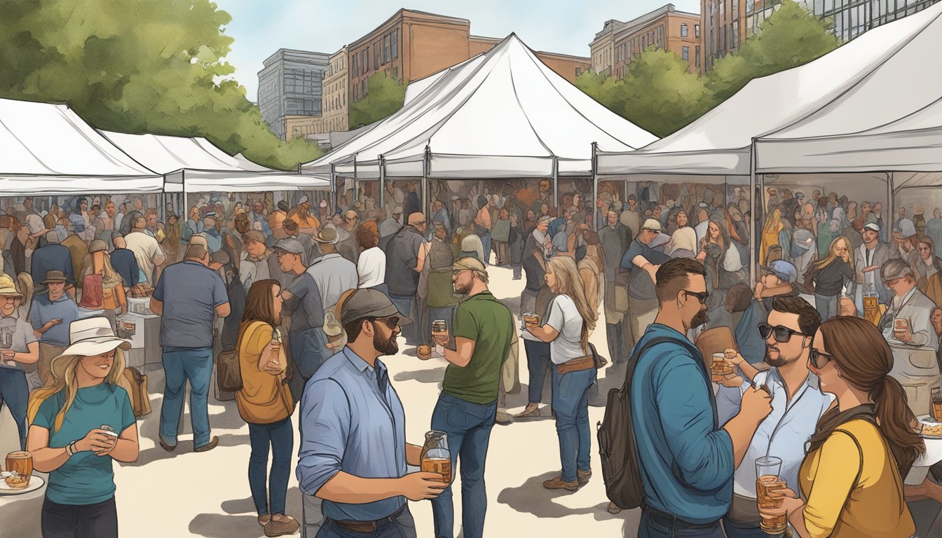 Crowds gather under festive tents, sampling gourmet dishes and sipping whiskey at the River North Whiskey Festival in Illinois