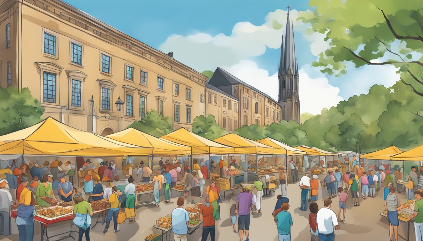 Crowds gather around food stalls at St. Meinrad ROCKS Festival, indulging in a variety of delicious dishes. The aroma of sizzling meats and spices fills the air, as vendors serve up mouthwatering treats