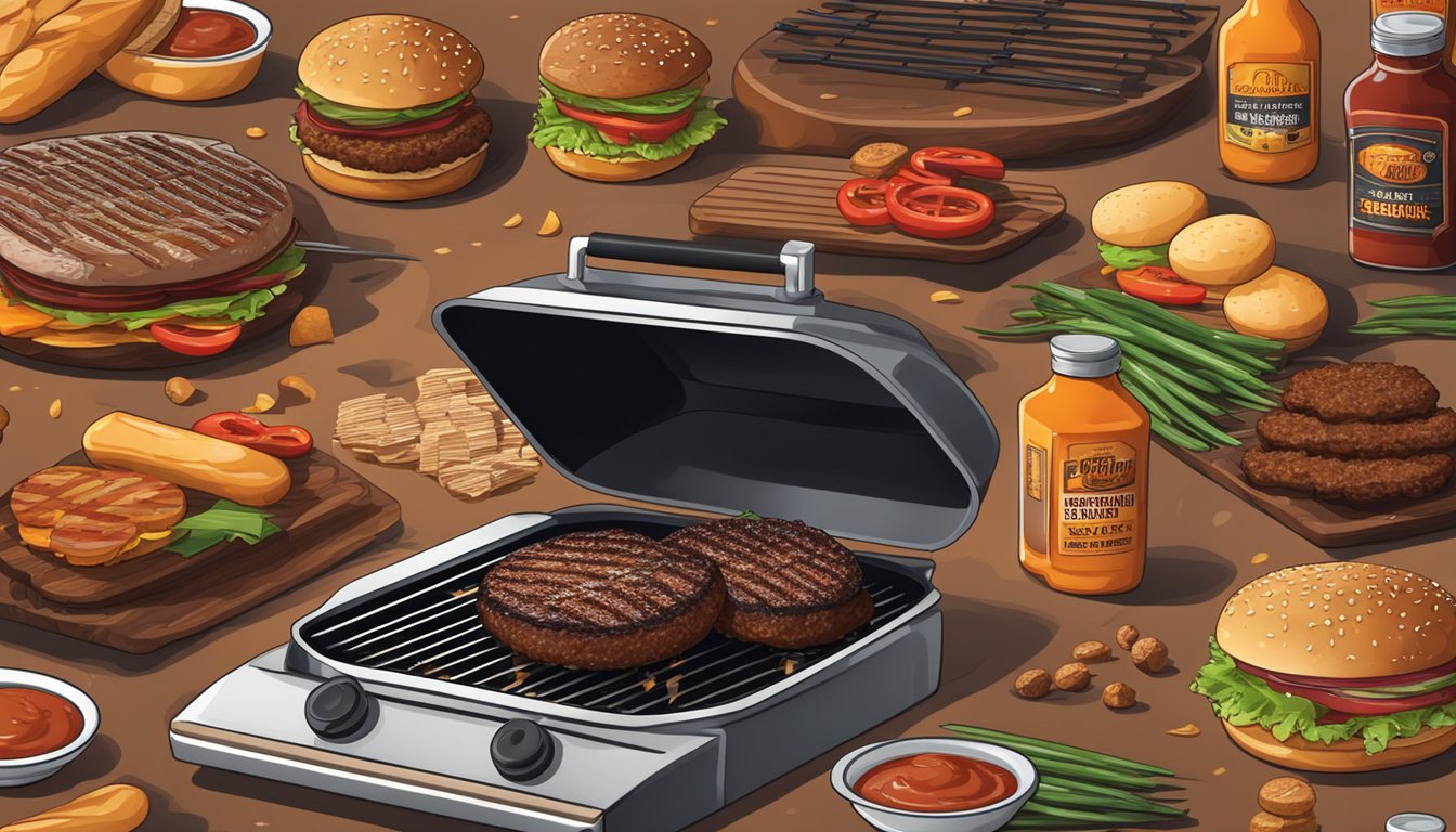 A sizzling grill with smoke rising, surrounded by Texas-style BBQ ingredients like juicy burgers, spicy rubs, and tangy BBQ sauce