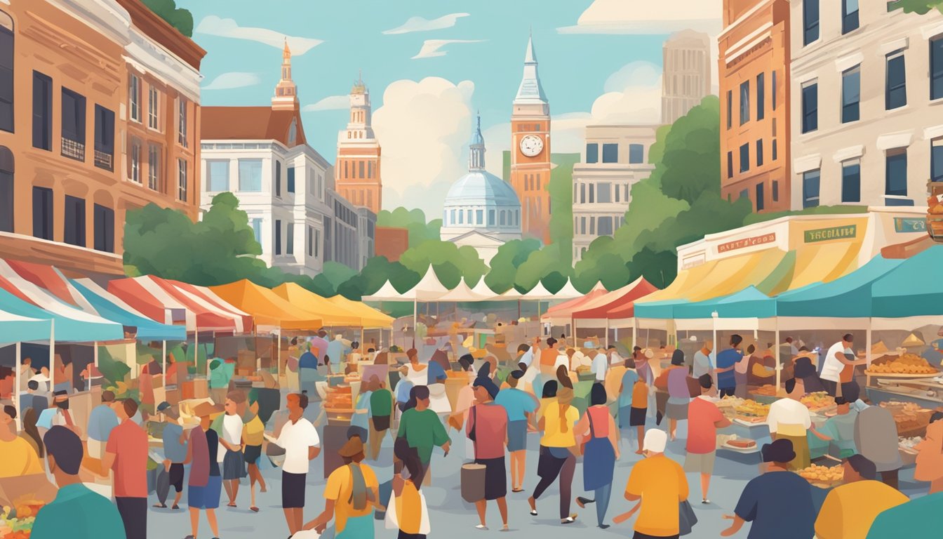 A bustling food festival with vendors selling iconic Indiana dishes, surrounded by historic landmarks and a lively crowd