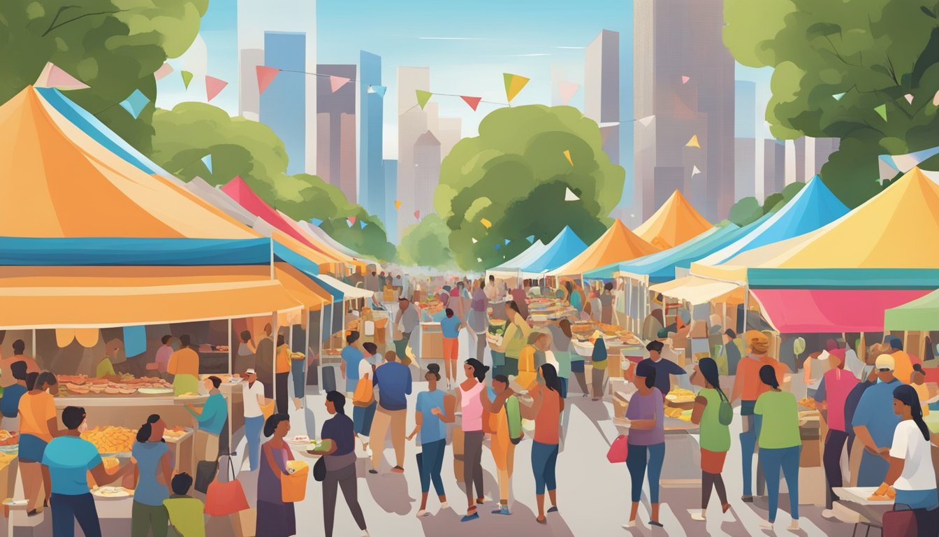 A bustling outdoor food festival in Illinois, with colorful tents, food vendors, and crowds of people sampling and enjoying a variety of cuisines