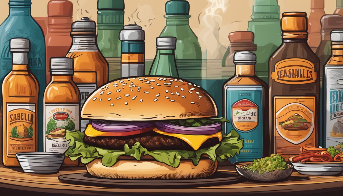 A sizzling burger on a grill, surrounded by bottles of various seasonings and sauces, with a Texas BBQ style theme