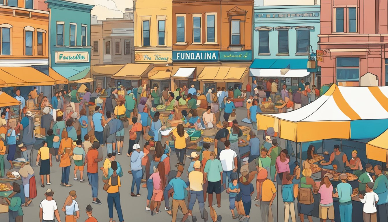 Crowds gather at a lively food festival in Indiana, sampling diverse cuisines and enjoying live music and entertainment. A colorful array of food stalls and vendors line the bustling streets