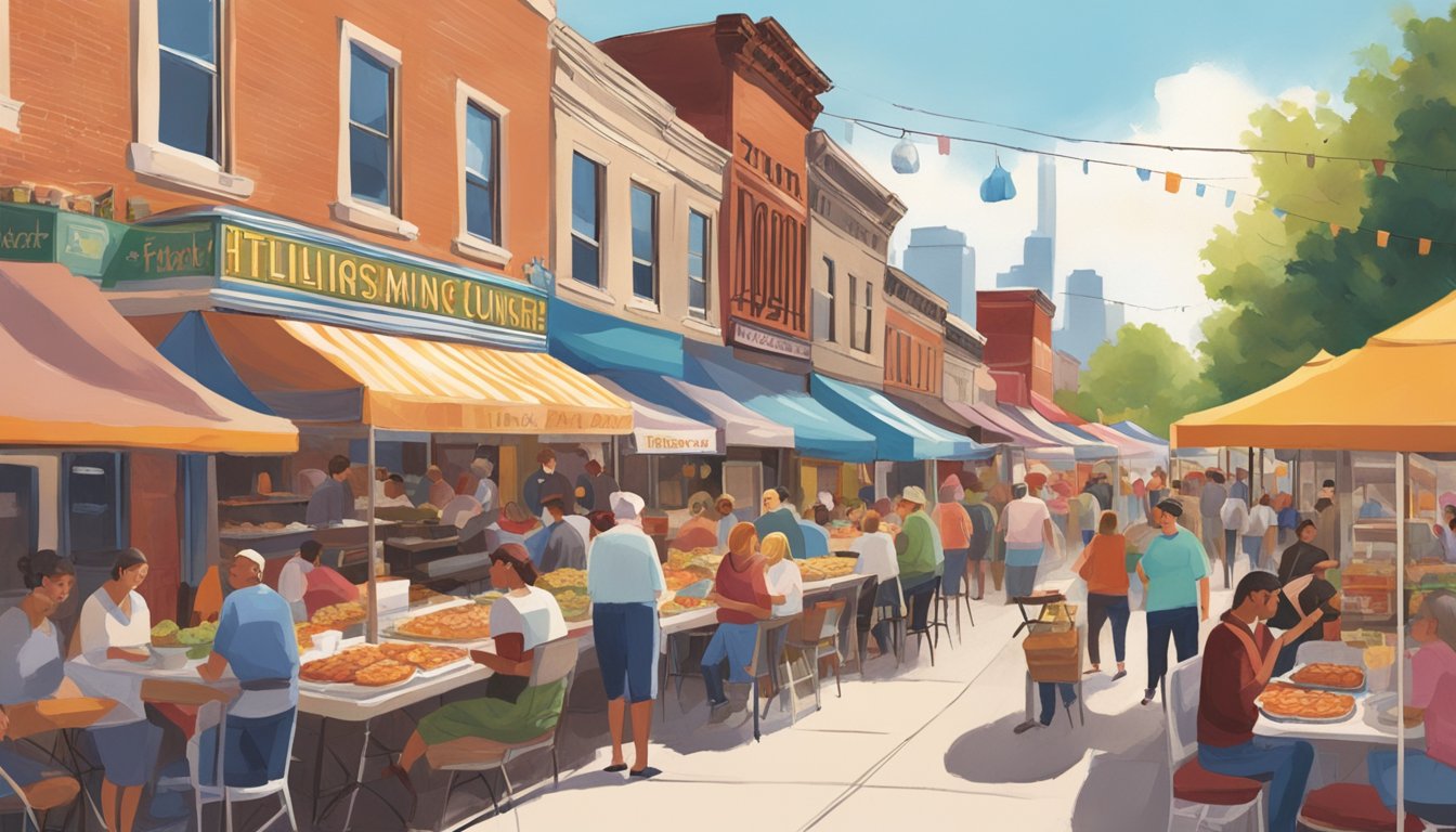 Colorful tents line a bustling street, each offering unique and mouthwatering dishes. Aromas of sizzling meats and sweet treats fill the air as visitors sample the best of Illinois cuisine