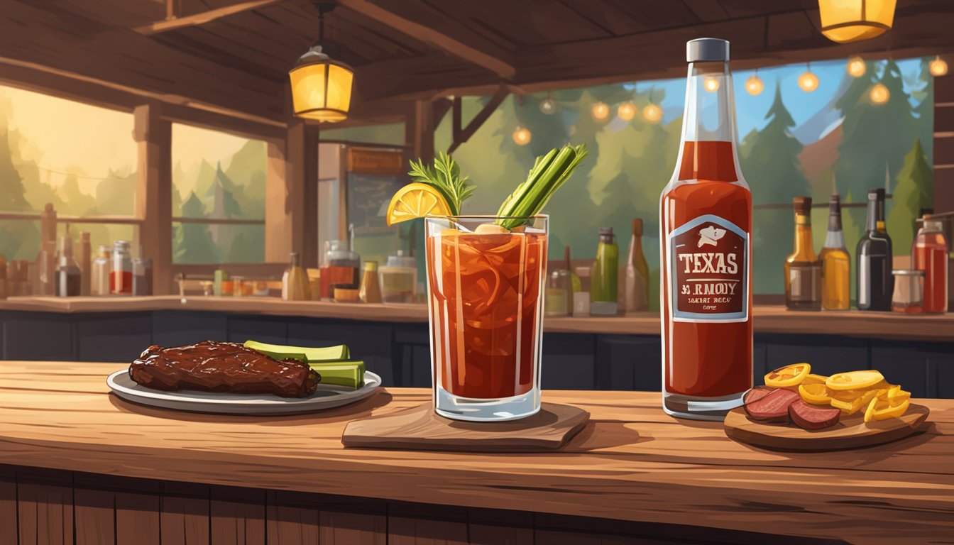 A rustic wooden bar with a Texas BBQ smoker in the background. A glass filled with a smoky Bloody Mary, garnished with a skewer of BBQ meats and pickles