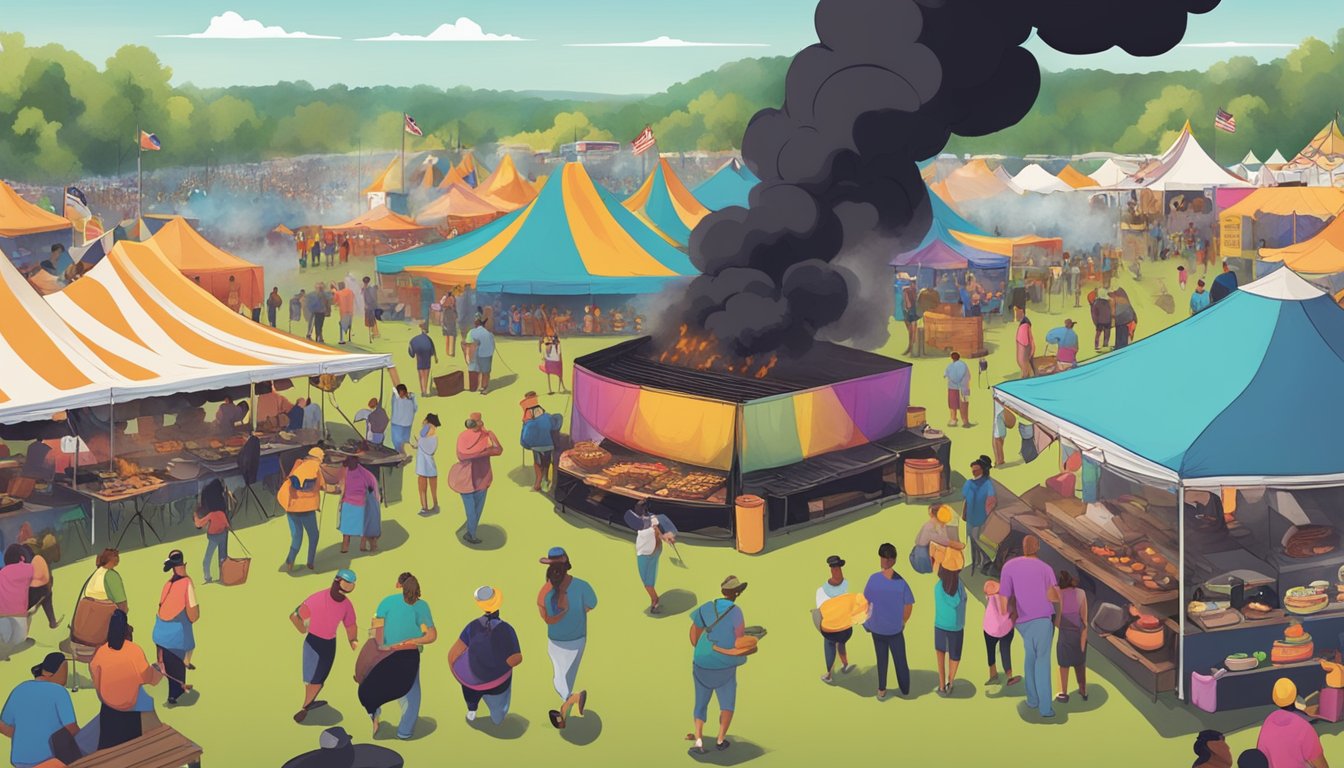 Vibrant festival scene with BBQ smoke rising over the Kansas plains, surrounded by food vendors and live music stages