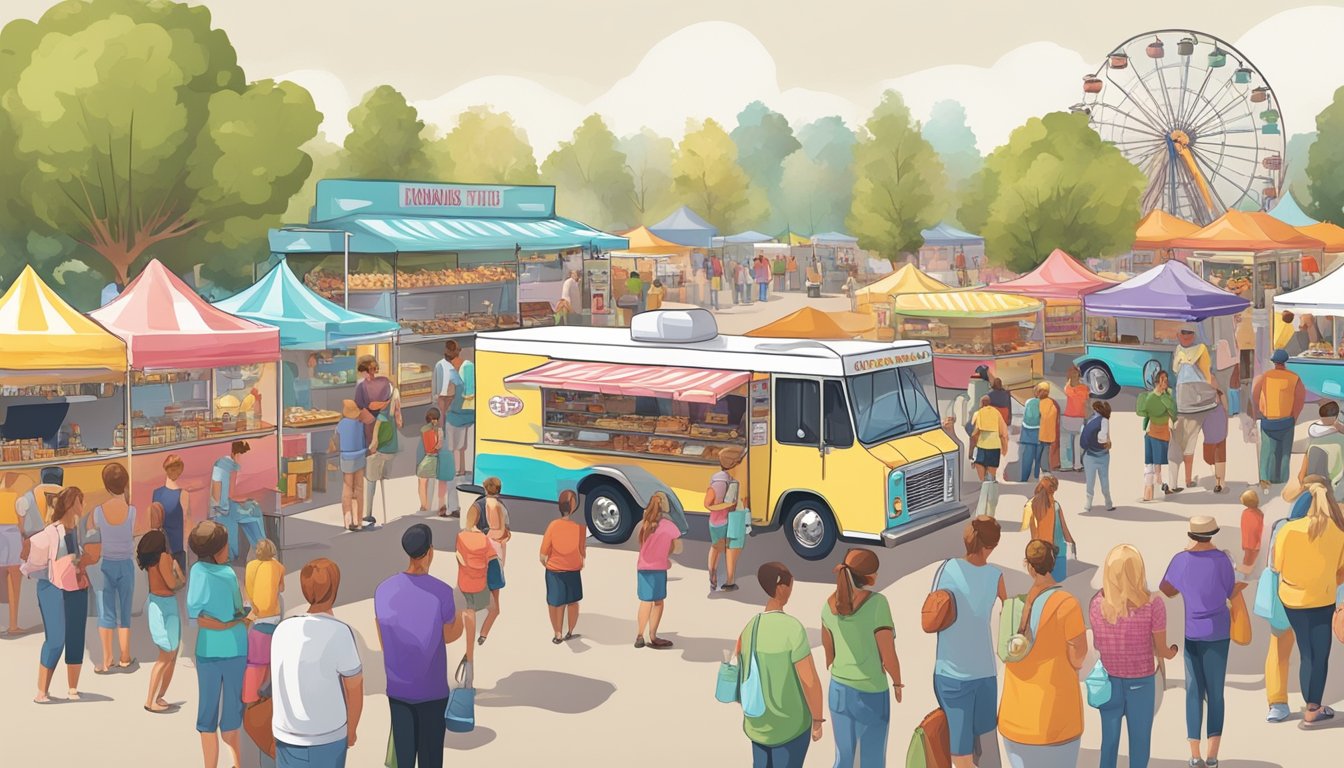 Colorful food trucks line the fairgrounds, emitting mouthwatering aromas. Crowds gather to sample a variety of delicious treats at the Kansas State Fair Food Truck Festival