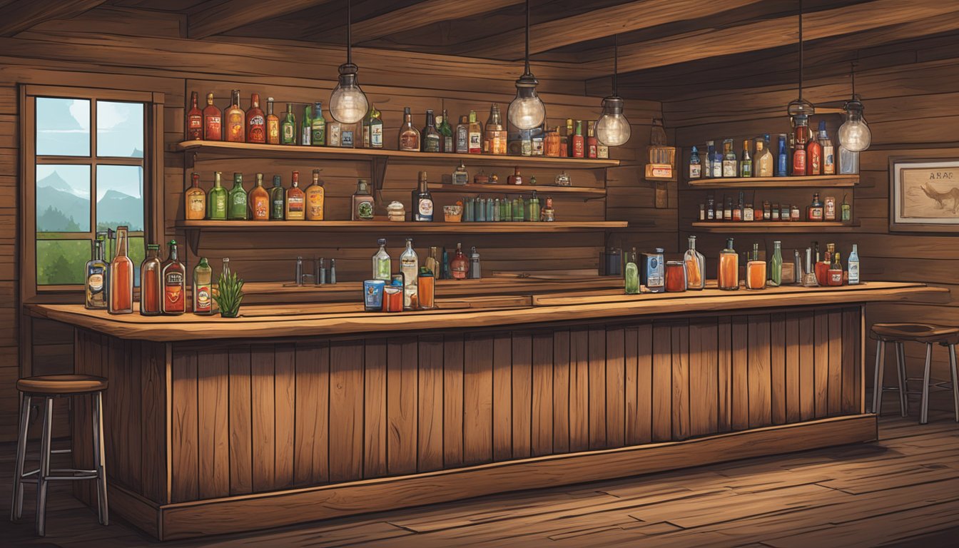 A rustic wooden bar with a Texas BBQ theme, featuring a smoked bloody mary being prepared with various vodka options on display