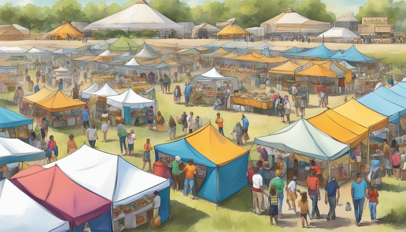 Vibrant tents line the prairie, filled with diverse food vendors and lively crowds, as the aroma of sizzling dishes fills the air at the Salina Prairie Festival