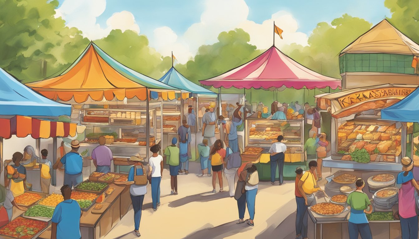 Vibrant food stalls line the festival grounds, offering a colorful array of culinary delights. The aromas of sizzling dishes fill the air as visitors sample the best of Kansas cuisine