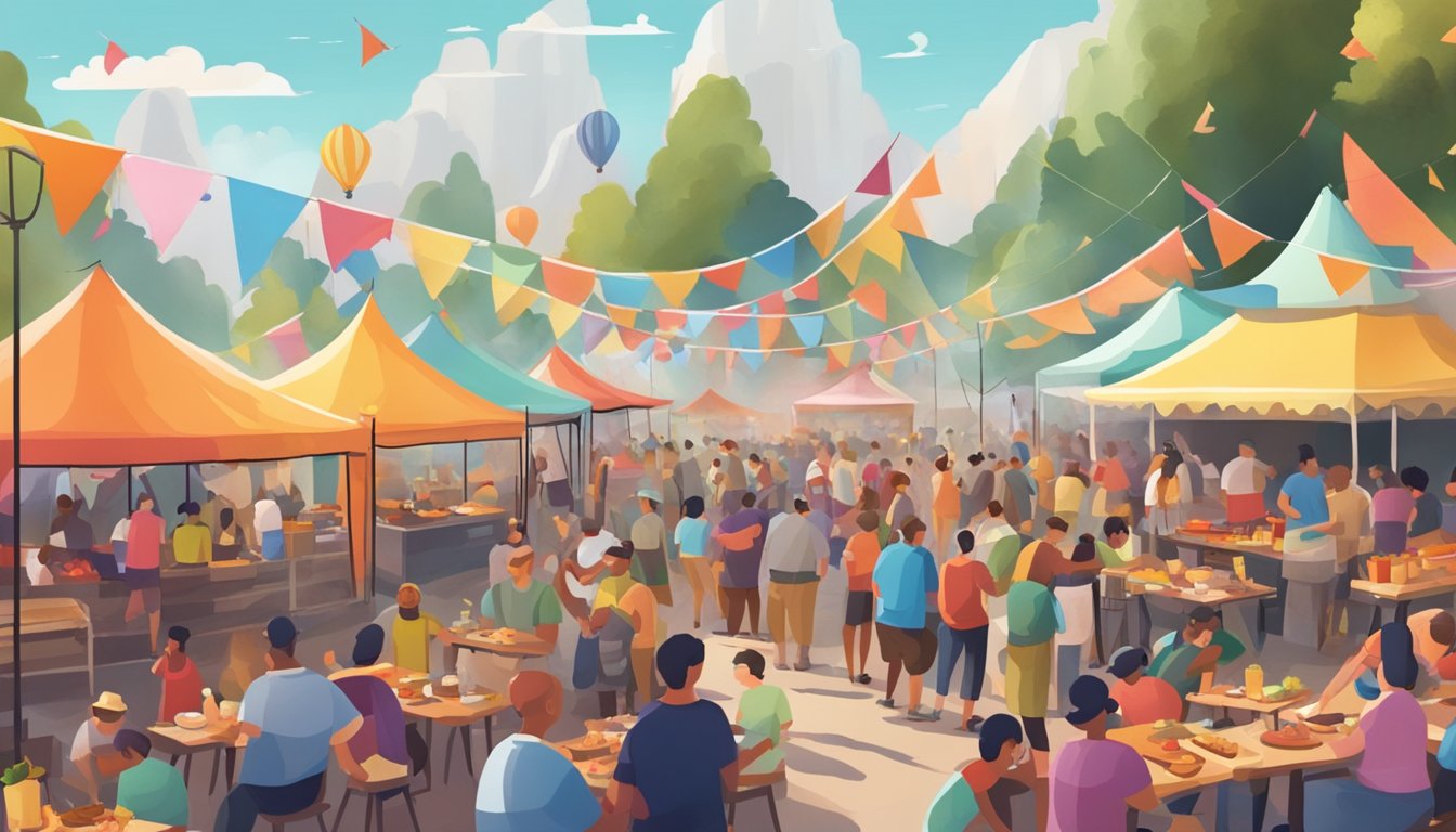 A bustling outdoor food festival with colorful tents, smoke rising from BBQ grills, and people enjoying live music and delicious food