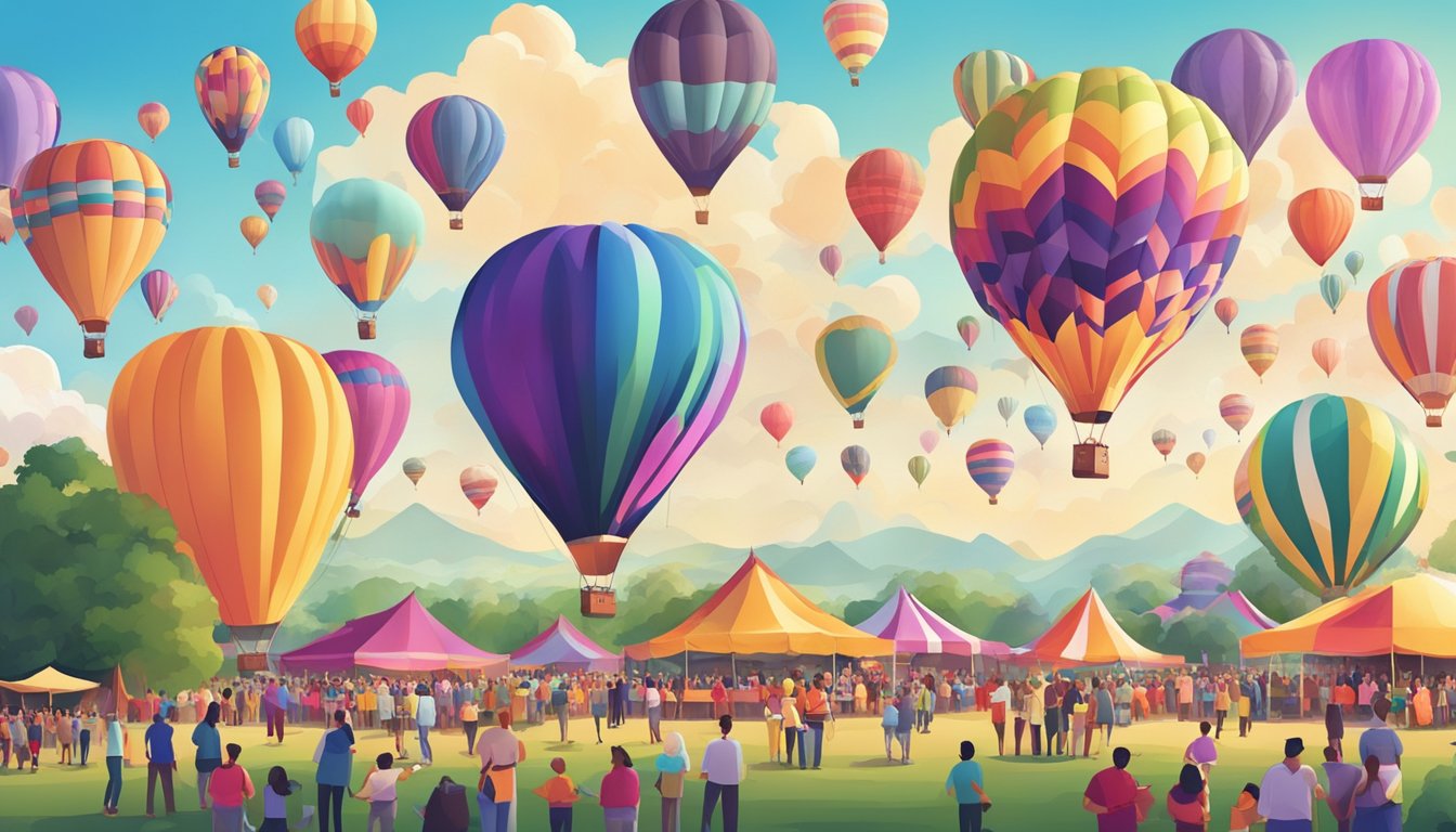 Colorful hot air balloons fill the sky over a bustling festival ground. Vendors serve up a variety of delicious foods while visitors enjoy live music and entertainment