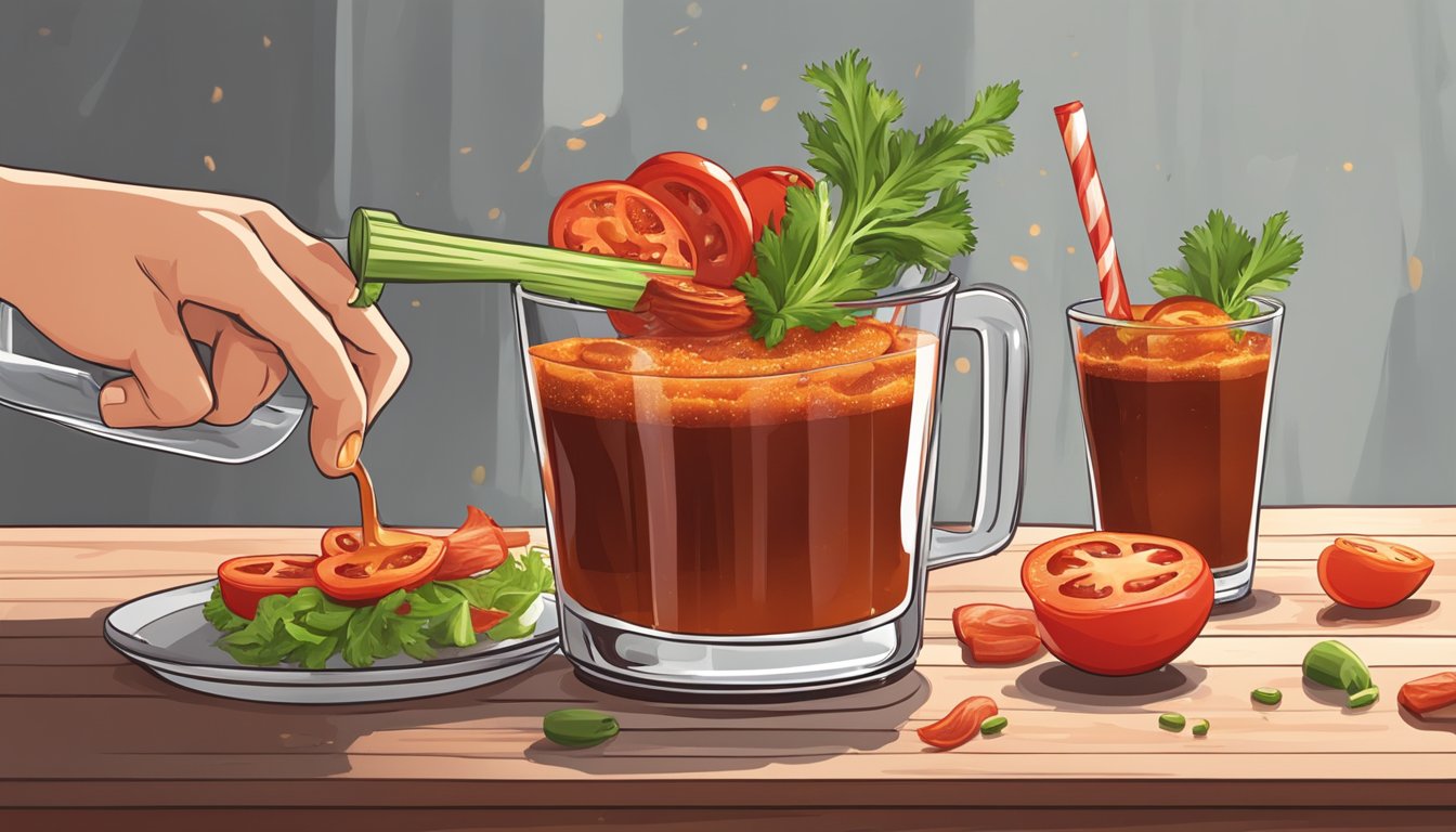 A bartender pours a spicy tomato mix into a glass, adding a splash of BBQ sauce and a sprinkle of smoked paprika, garnished with a celery stalk and a slice of crispy bacon